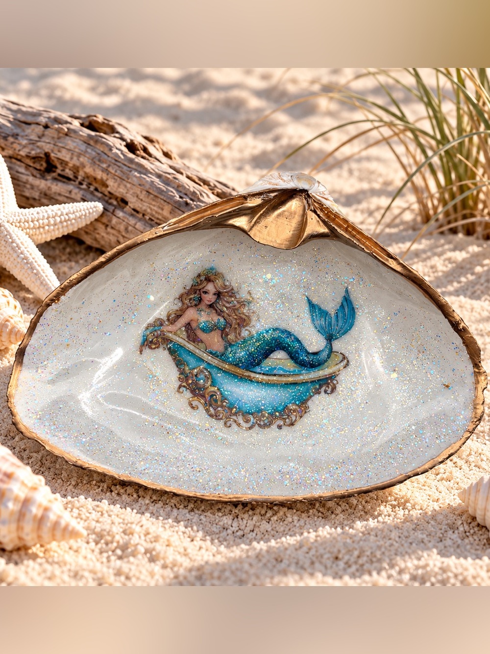 Mermaid Decorative Shell Bowl in Teal and Gold